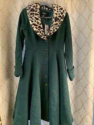 NWT Collectif Swing Coat US Size 6 Small Modcloth Wool Leopard Collar Green • $95