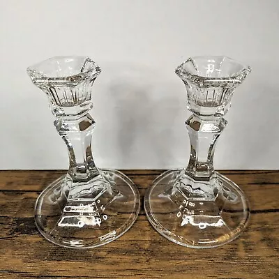 Vintage - 4½  Indiana Glass Set Of 2 Crystal Taper Paneled Candle Holders • $19.99