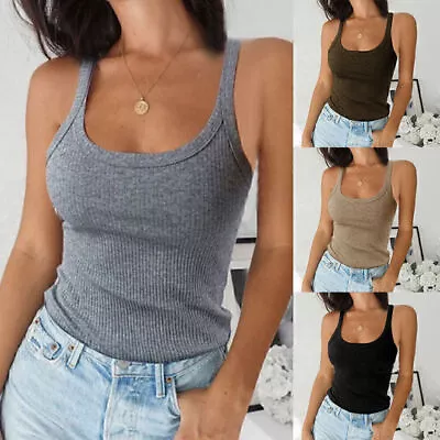 Womens Ribbed Cami Vest Tops Lady Stretchy Plain Casual Tank Tops Strappy Shirts • £8.29