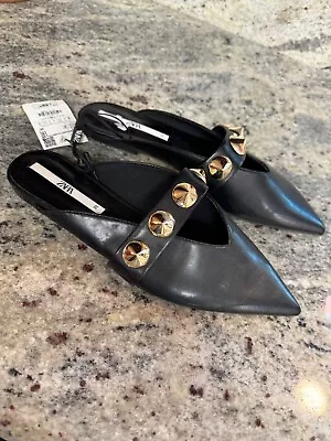 Zara Black Slides Mules With Large Gold Decor On Strap  ~ Size EU 39 US 8 • $6.75