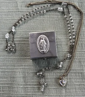 LOT Vintage Glass Rosary Virgin Mary Miraculous Medal Case Mustard Seed Necklace • $29.95