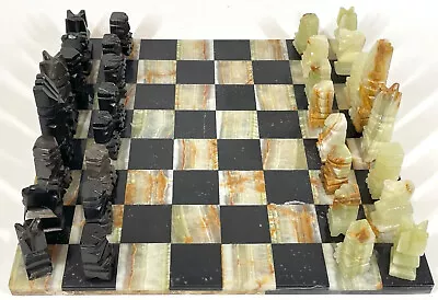 Vintage Handmade Carved Mexico Aztec Alabaster Onyx Stone 14  Board Chess Set • $22.99