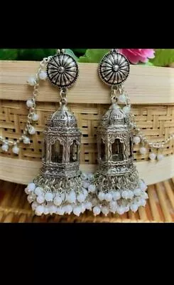 Indian Traditional Bollywood Style Silver Plated Oxidized Big Jhumka Earrings • $21.86