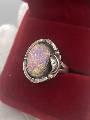 Vintage Sterling Silver MEXICO OPAL RING Signed By GFIS Leaf Design Sz: 6.5 • $29.99