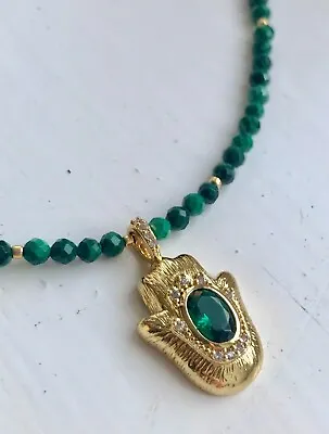 Handmade Natural MALACHITE Gems 3mm Necklace With HAMSA Pendant 18K Gold Plated • £38