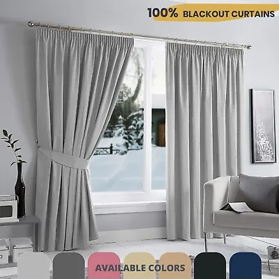 Thermal Thick Blackout Curtains Pencil Pleat Extra Wide Curtain With 2 X Tieback • £17.99
