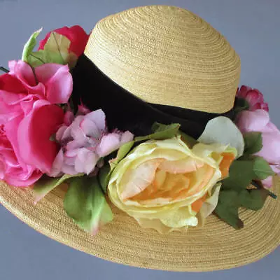 Vintage MILLINERY Lady's Wide-Brimmed Straw Hat Full Blown ROSES * Adolfo PARIS • $65