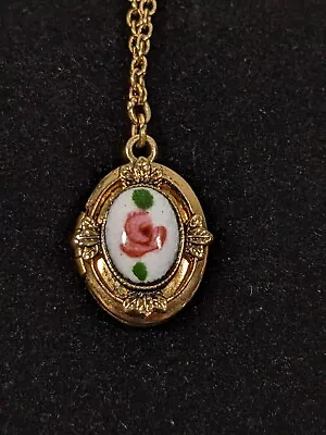 Vintage 1928 Guilloche Enamel Pink Rose Small Locket Pendant Gold Tone Necklace • $14.99