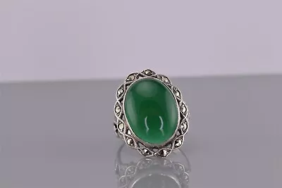 UNCAS Vintage Sterling Silver Oval Green Solitaire Marcasite Band Ring 925 Sz: 6 • $29.50