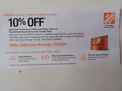 HOME DEPOT 10% Off  Instore Or Online With HD CC Max $200 Expire: 7/31/2024 • $5.50