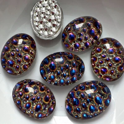 $9.15 • Buy 6 Vintage Bermuda Blue Helio Snakeskin Cabochons 16x12 Foiled Glass C15-47-C
