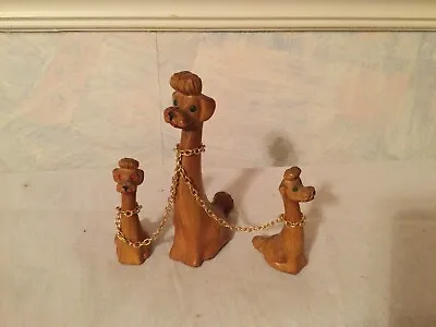 Vintage 1960's Long Neck Poodle Dog Family Faux Wood Figurines Chains Hong Kong • $12