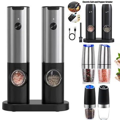 Electric Salt And Pepper Grinder Mill Set - Gravity Fed Rechargeable LED Light • £10.85