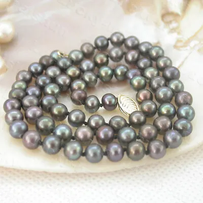 AAA Akoya Natural 18  6mm Round Black Salt Water Pearls Necklace 14K Clasp C1447 • $19.99