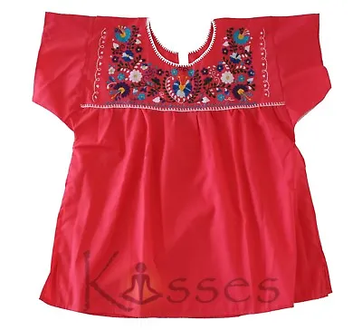 Mexican Peasant Blouse Hand Embroidered Top Colors Vintage Style Tunic - Red • $16.88