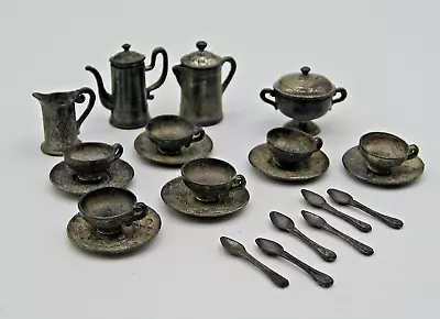 ANTIQUE CHILD'S MINIATURE METAL DOLLHOUSE TEA SET 25 PIECES EARLY 1900s • $68