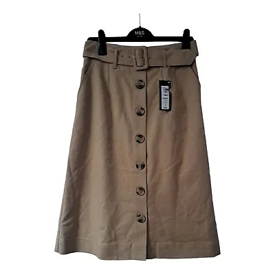 Skirt  Size 10 Beige Tan M And S Button Front Belted A-Line Midi Skirt  • £20