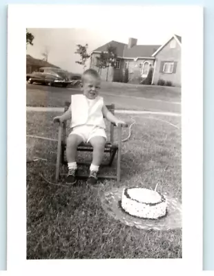 Vintage Photo 1952 2 Year Old Sitting W/ Cake Lawn Birthday Party 4.25x3.25 • $8.57