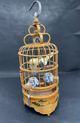 Vintage Chinese Miniature Bamboo Painted Hanging Bird Cage W Bird And China Pots • $52