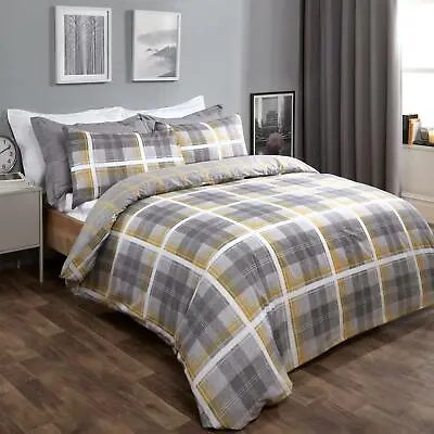 Dreamscene Denim Check Duvet Cover With Pillowcase Tartan Bedding Set Ochre Grey • £12.99