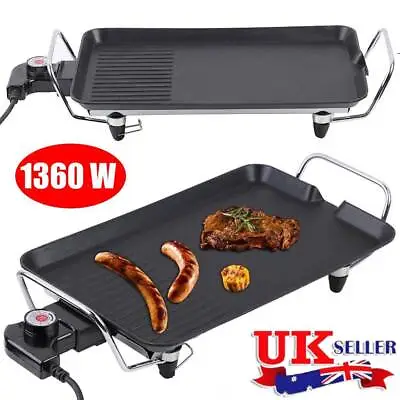 Electric Table Top Grill Griddle BBQ Hot Plate Camping Cooking Cast Iron Pan UK • £18.39