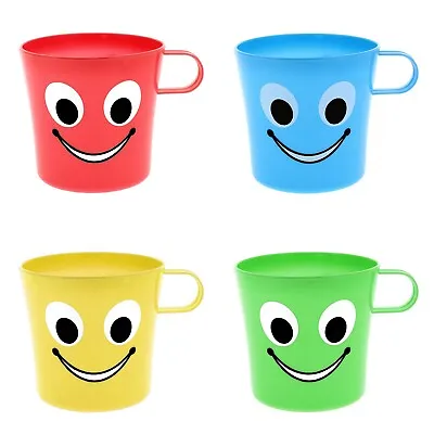 Kids  Plastic Cups Emoji Mugs For Juice Water 4pc Smile Fun Party Holiday Colour • £6.45