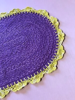 Purple Jute Mat Rug With Crochet Mustard Jute Edging 85cms X 55cms FAIR TRADE • £24.50