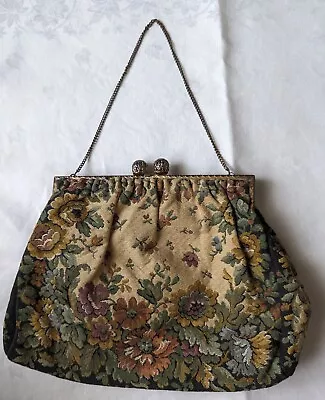 Vintage Floral Tapestry Bag/Purse - 40's/50'sBlackCreamMultiGoldtoneChain • £8