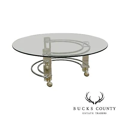 C.Hollis Jones Mid Century Modern Brass & Lucite Round Glass Top Coffee Table • $895