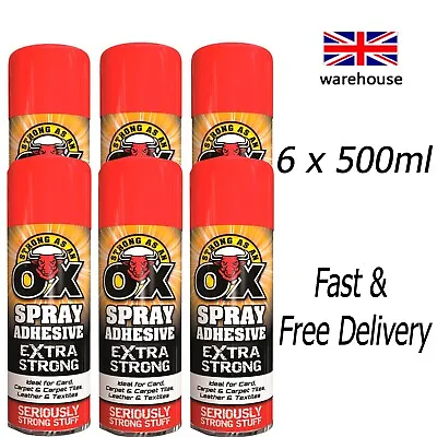£19.99 • Buy 6 X 500ml Heavy Duty Spray Adhesive Glue Strong As An Ox For Carpet Tile Fabric