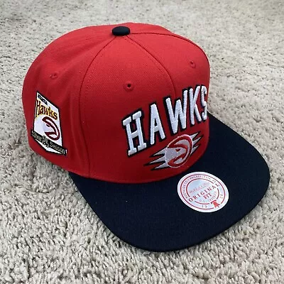 Atlanta Hawks Mitchell & Ness Hat Red SnapBack Arch Block Silver 25 Patch Cap • $21.97