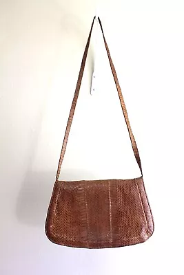 Vintage 1980s Small Brown Real Snake Handbag Shoulder Strap Purse Snap Flap • $22