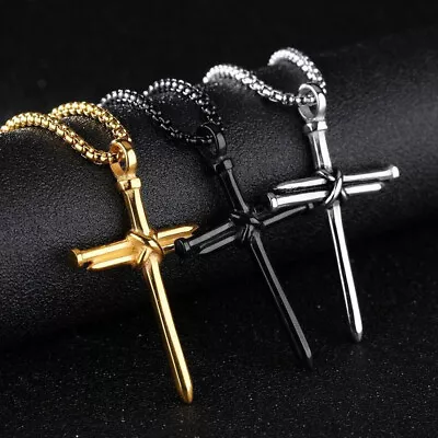 Nail Cross Pendant Necklace - Alloy Metal 3 Colors 24  Rounded Box Chain • $9.99