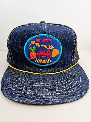 Vintage DENIM Aloha Hawaii USA 50th State Patch Trucker Hat Snapback Cap • $34