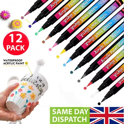 Acrylic Paint Marker Pens Permanent For Glass Plastic Fabric Stone Wood 12 Color • £5.99