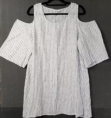 J Generation Shirt Dress Size 16 100% Linen Cold Shoulder Sleeve White Stripe • $27