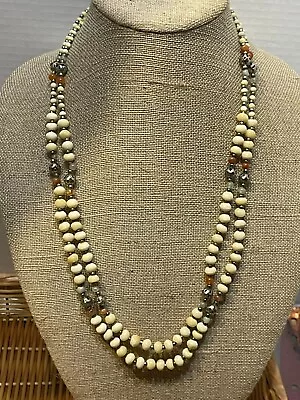 Vintage Double Strand Horn Beads W/ Silver Metal & Brown Jasper Beads Necklace • $21.87