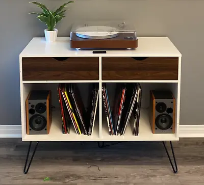 Vinyl Record Turntable Stand Mid Century Modern White Brown Music Album Cabinet • $154.89