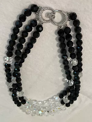 Vintage DS CO Daniel Swarovski Three Strand Black/Clear Crystal Bead Necklace • $29.95