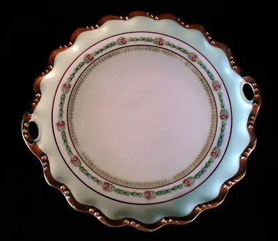 LIMOGES COIFFE AKCD CAKE PLATE 1891-1910 PINK ROSES Green Leaves GOLD Trim • $18.99