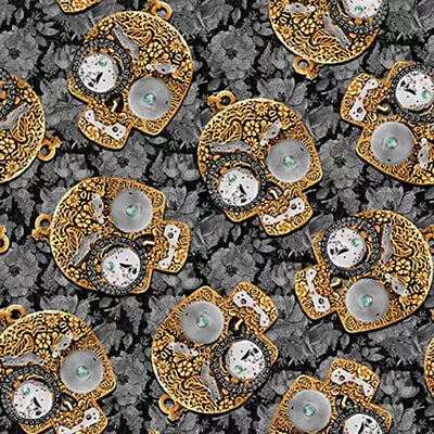 STEAMPUNK ~ TIME TRAVEL ~ Gold Clockwork Skeletons On A Gray Floral Background • $12.50