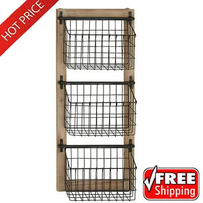 Farmhouse Wall Mounted 3 Tier Hanging Metal Magazine Rack Holder Wire Baskets US • $39.52