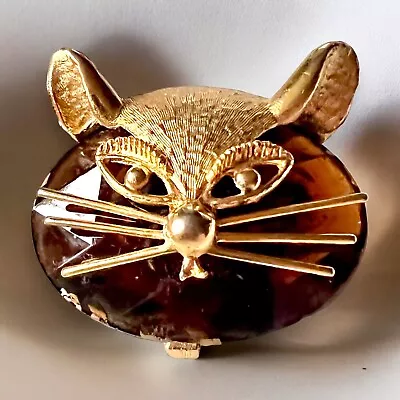 Vintage BSK Cat Brooch Gold Tone Amber Brown Cabochon • $20.30