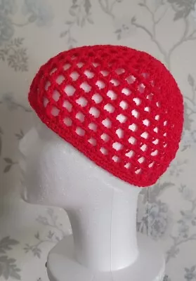 RED  SPARKLE CROCHET MESH SKULL CAP HAT 70s Fancy Dress Party ABBA HAT 60s • £3