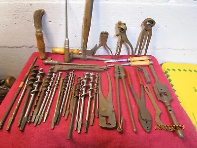 Large Lot Vintage Farm Barn Tools Auger Bits Cutters Pliers Rustic Garage Shop • $46.99