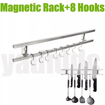 Strong Magnetic Knife Rack Holder Bar Wall Mounted Kitchen Storage Strip+8 Hooks • £14.99