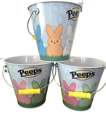 $20 • Buy Lot Of 3 Peeps Easter Basket Metal Pail Bucket Bunny With Grass - Has Some Marks