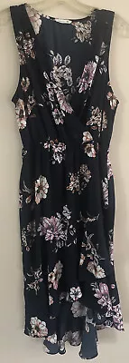 Soprano Women's Dress L Blue White Floral Print Sleeveless Ruffled Hem • $19.99