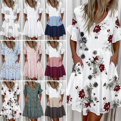 £12.99 • Buy Womens V Neck Ruffle Floral Mini Dress Ladies Casual Loose Boho Beach Sundress