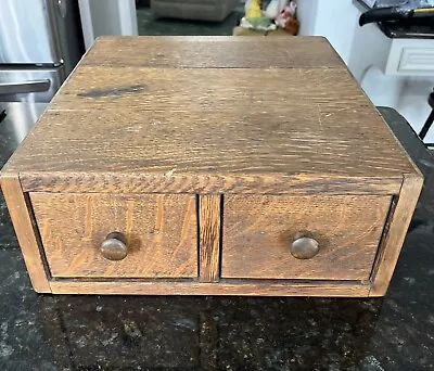 Antique OAK 2 DRAWER OFFICE FILE INDEX RECIPE CARD CABINET  17” X 14” X 5.5” • £20.08